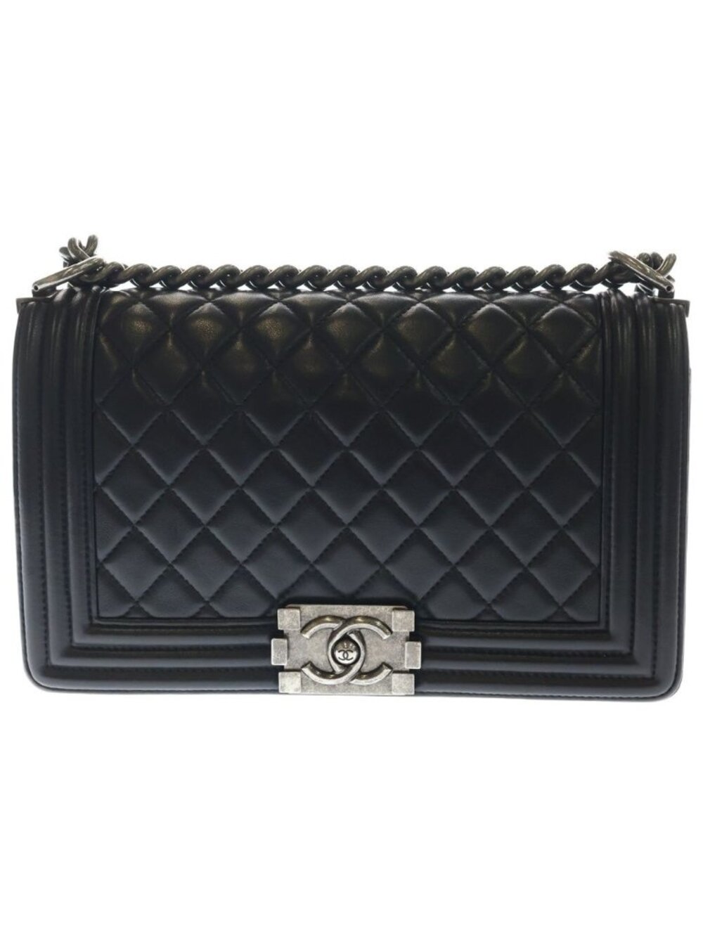 Chanel Boy 25 Lambskin Leather Chain Shoulder Bag Silver Black Stand